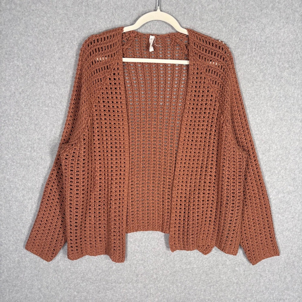 Crochet Open Knit Cardigan Sweater S/M Rust Boho Neutral Beach Minimalist Open